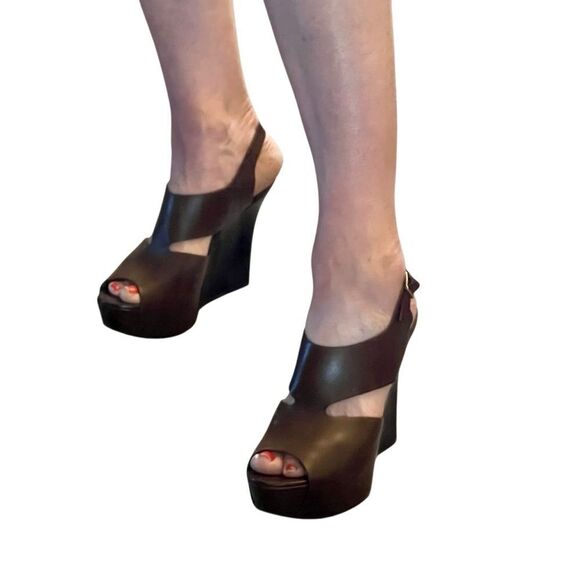 Marni Brown Leather Cutout Slingback Platform Wedge Wood 5” Heel 40 8.5 - Picture 5 of 16